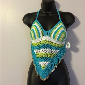 Island Planet Crochet Puka Shell Fringe Halter Tie Back Handkerchief Top